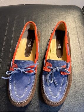 Vaneli Blue, Orange & Brown Suede Moccasin Loafers